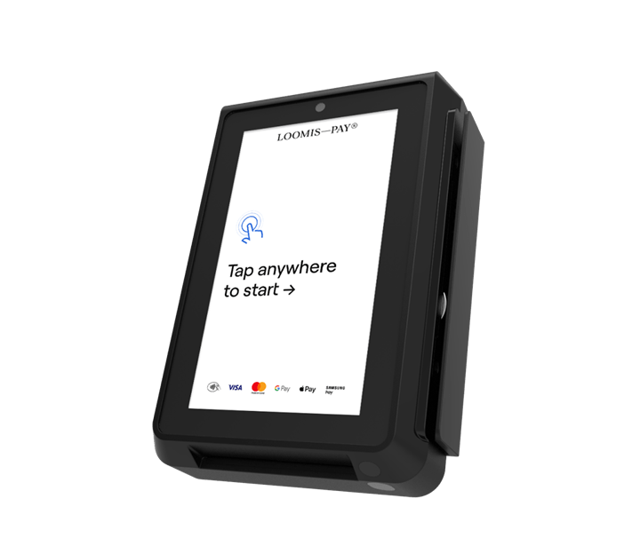Foto transparente de un dispositivo desatendido con el mensaje "Tap anywhere to start" (Toca en cualquier parte para empezar) en la pantalla.